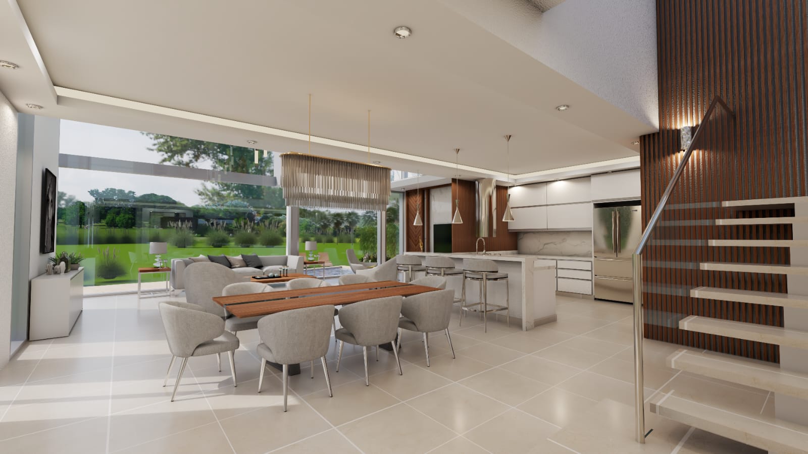 Comedor, cocina y escalera de Villa Leonor